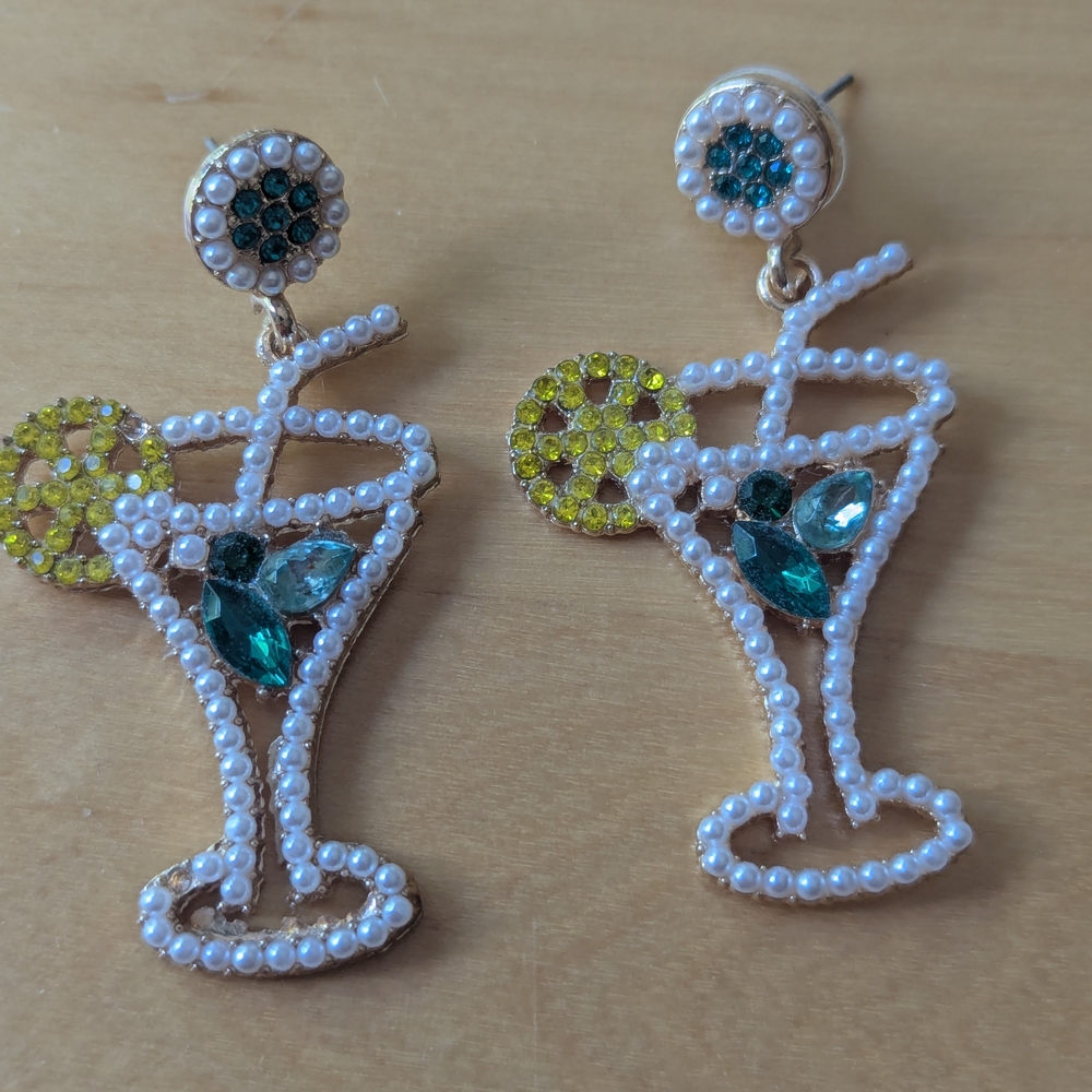 Elegant Cocktail Glass Earrings with Pearls